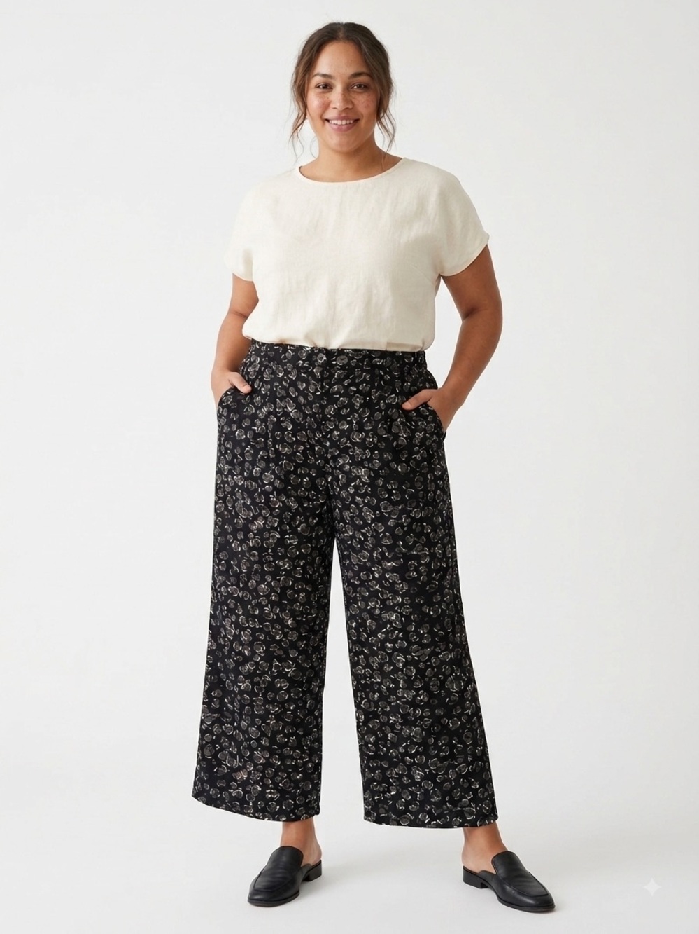 Addition Elle Size 22 High Rise Wide Leg Trousers Black Floral Stretchy Waist